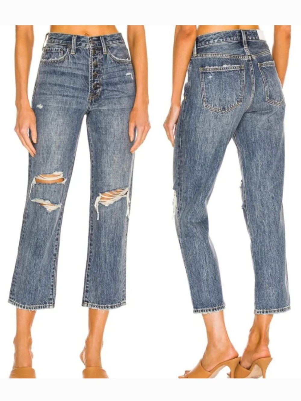 PISTOLA Charlie High Rise Straight Exposed Button Fly Jean Distressed Ripped 28